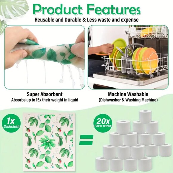 NEW Set of 8 Swedish Dishcloths - Leaves, Ivy & Plant - Reusable, Biodegradable - Picture 3 of 6